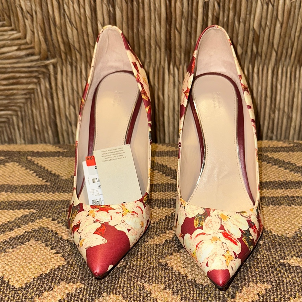 🌸 NWT ZARA Leather Floral Heels – Size 41 (Burgundy & Cream, 3” Heel)